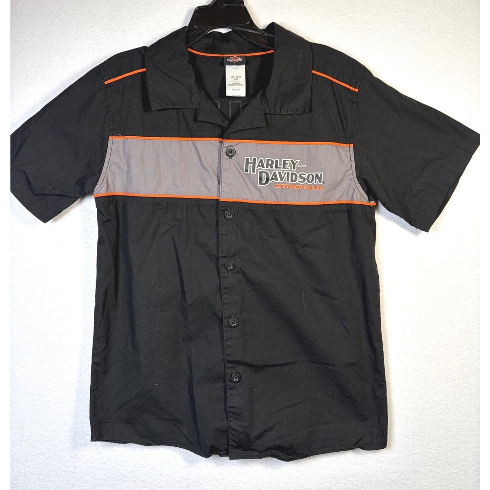 Harley-Davidson Button Down Shirt Boy Size 8/10 Black Excellent Garage Style